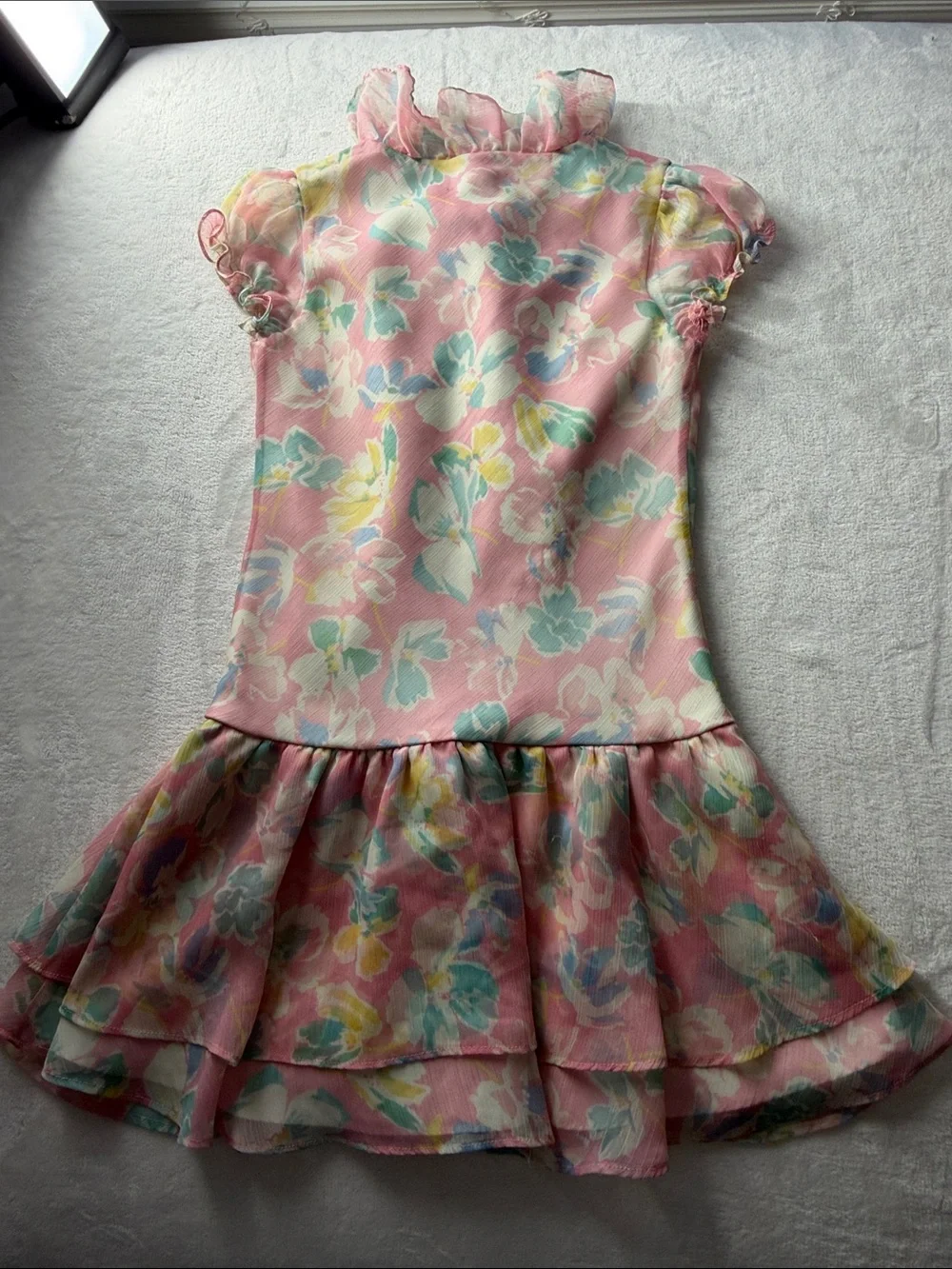 Ralph Lauren Pink Floral Ruffle Front Pearl-Button Girls Dress